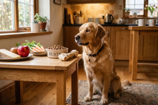 Chien golden retriever attentif observant divers aliments humains autorisés posés sur une table de cuisine